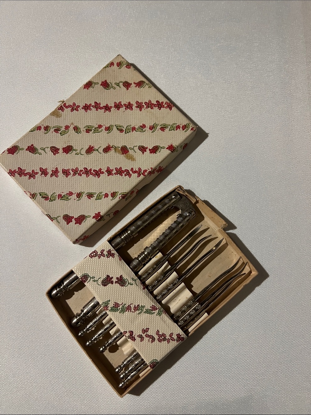 Vintage 1950’s Nut Cracker Set in Cream with Red Floral Pattern